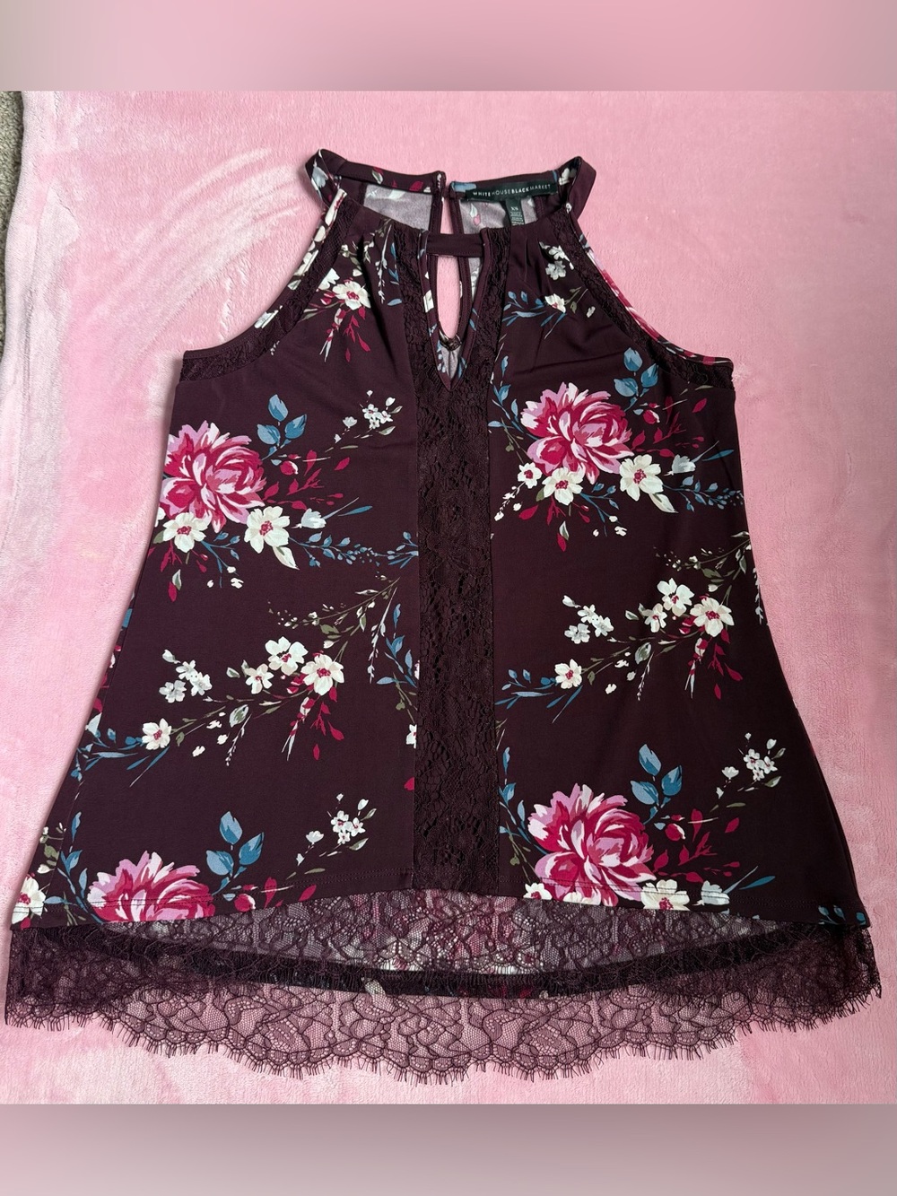 White House Black Market Burgundy Floral Lace-Trim Halter Tank like new